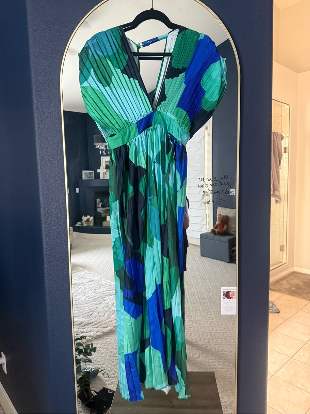 Pleated V-Neck Maxi Dress in Green and Blue